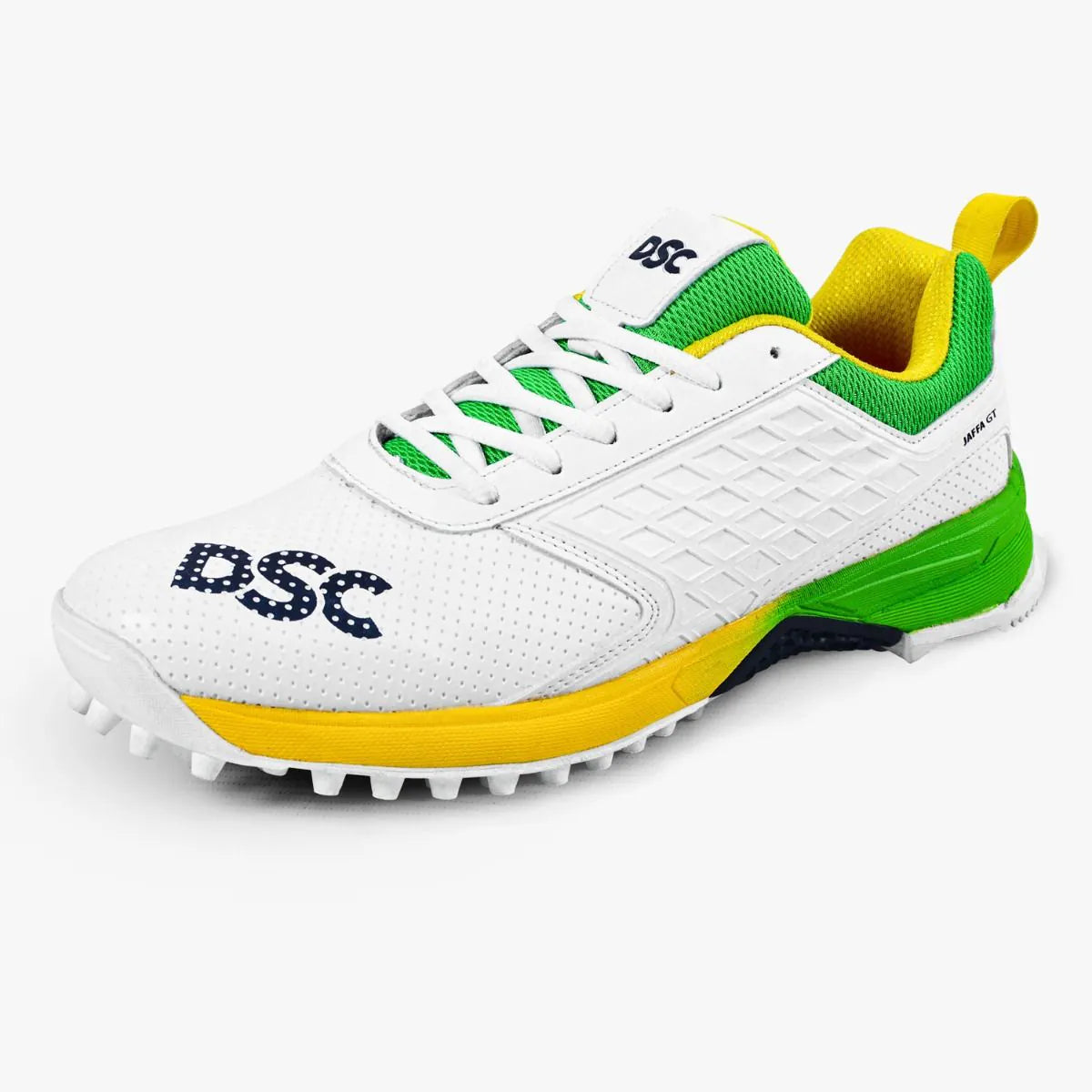 DSC Jaffa GT Rubber Cricket Shoes - White/Yellow/Green (2026)
