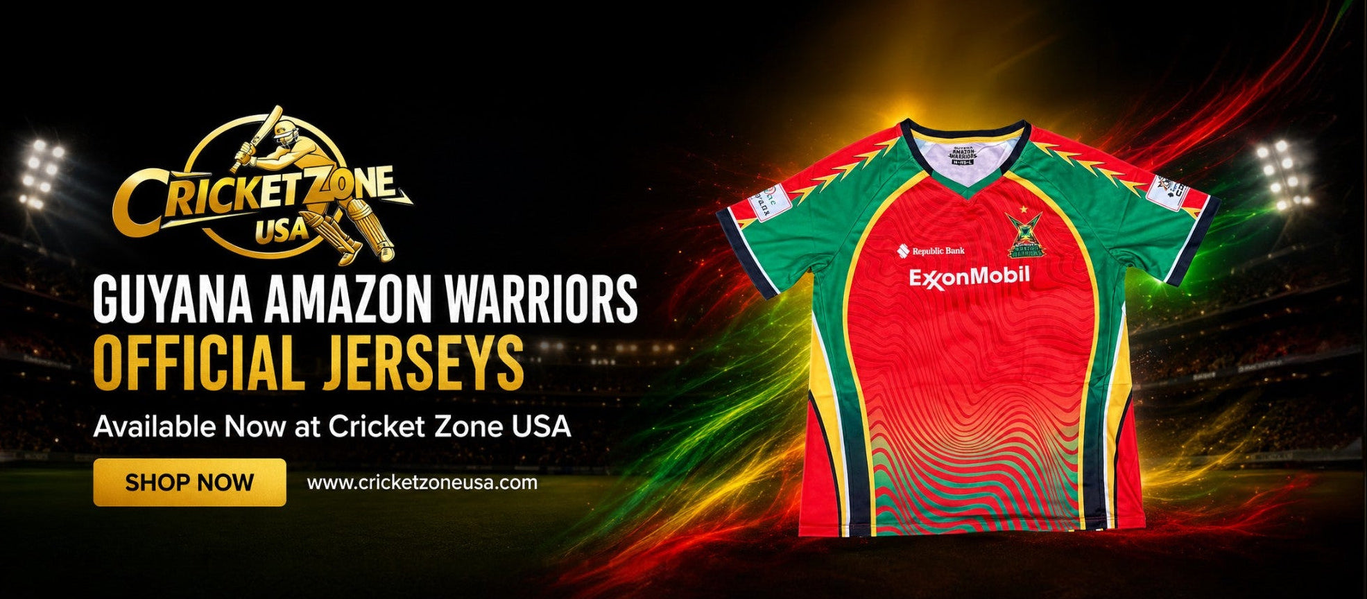 Cricket Zone USA advertisement for Guyana Amazon Warriors official jerseys with a colorful jersey on a dark background.
