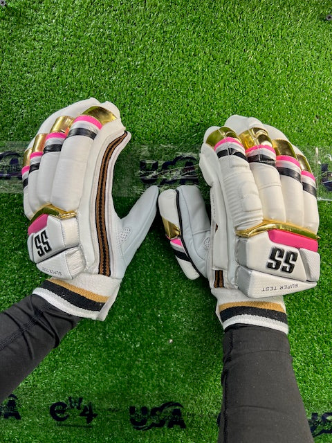 SS Super Test Batting Gloves White, Pink, and Gold – CricketZoneUSA