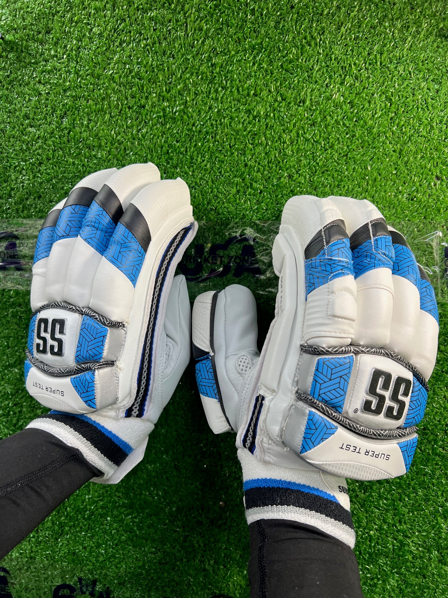 SS Super Test Sky Blue and White Batting Gloves