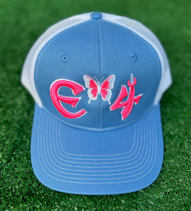 2025 E4 Trucker Hat - Sky Blue & Pink