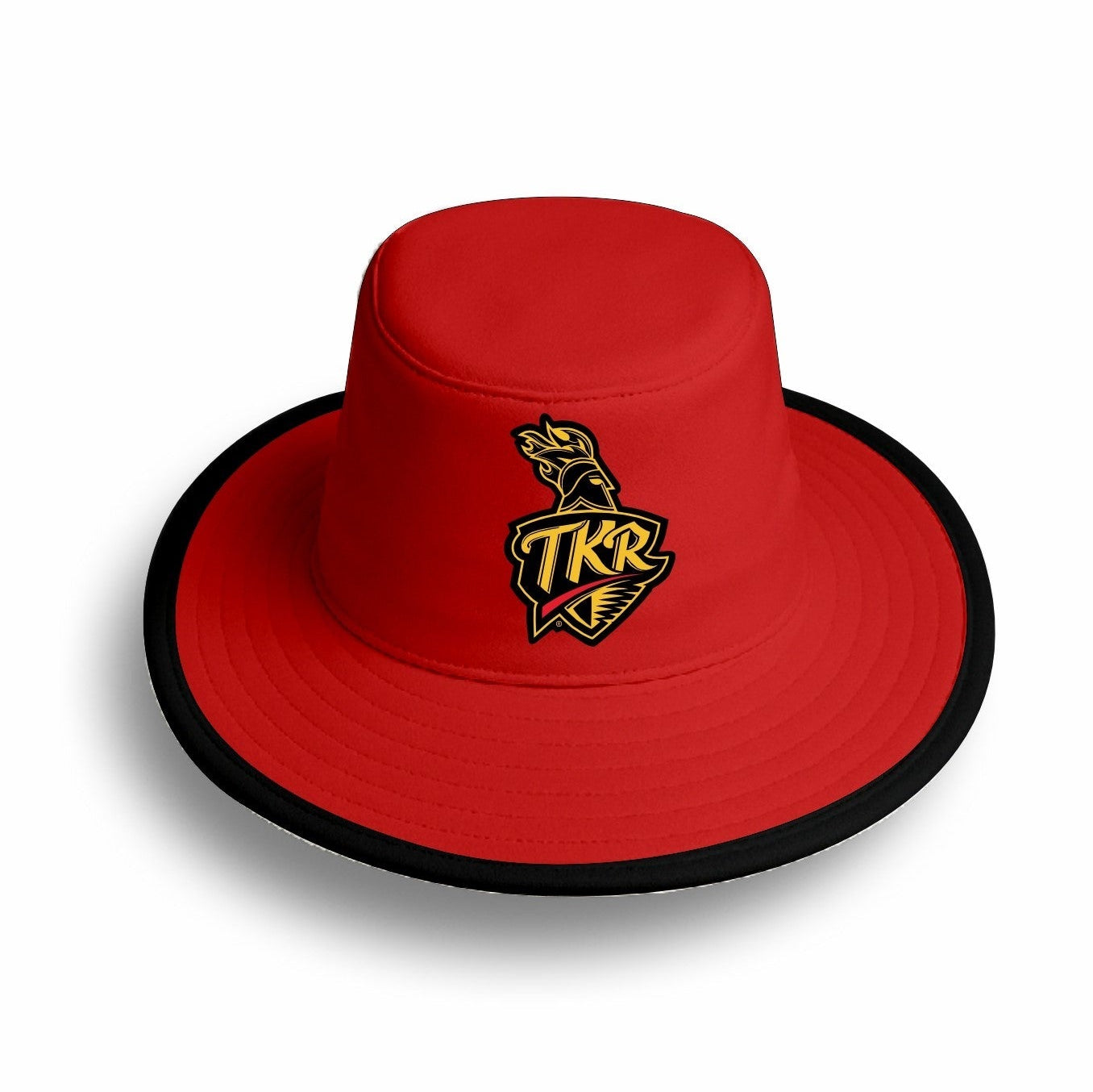 Red bucket hat with black rim and TKR logo on a white background