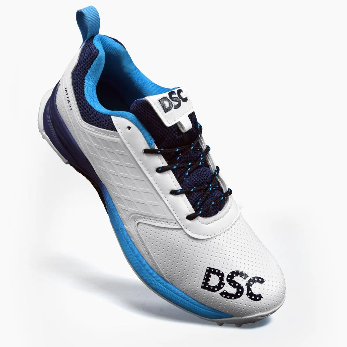 DSC JAFFA 22 Rubber Cricket Shoes White/Navy/Sky (2026)