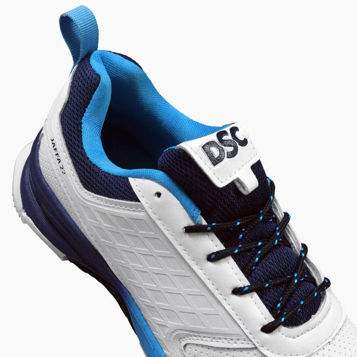 DSC JAFFA 22 Rubber Cricket Shoes White/Navy/Sky (2026)