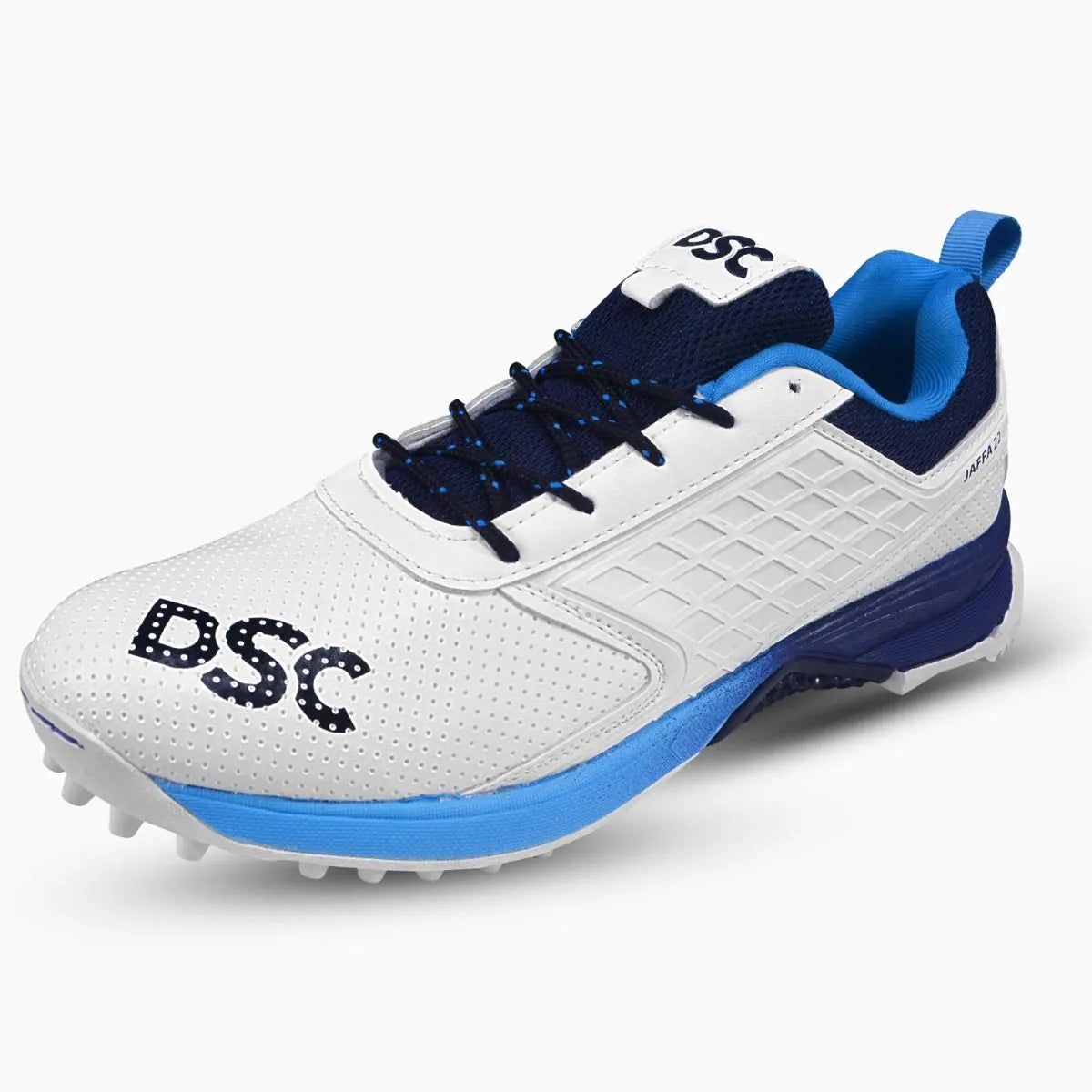 DSC JAFFA 22 Rubber Cricket Shoes White/Navy/Sky (2026)