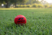 Red tennis ball with Nivia logo on a white background