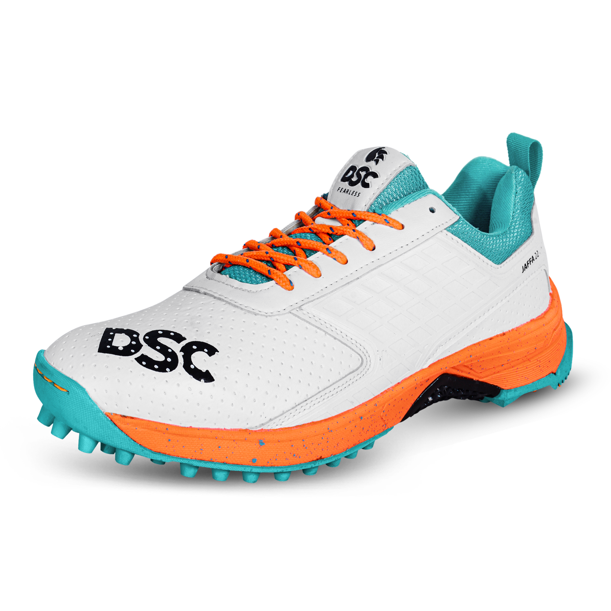DSC JAFFA 22 Rubber Cricket Shoes - White/Orange/Teal (2024)
