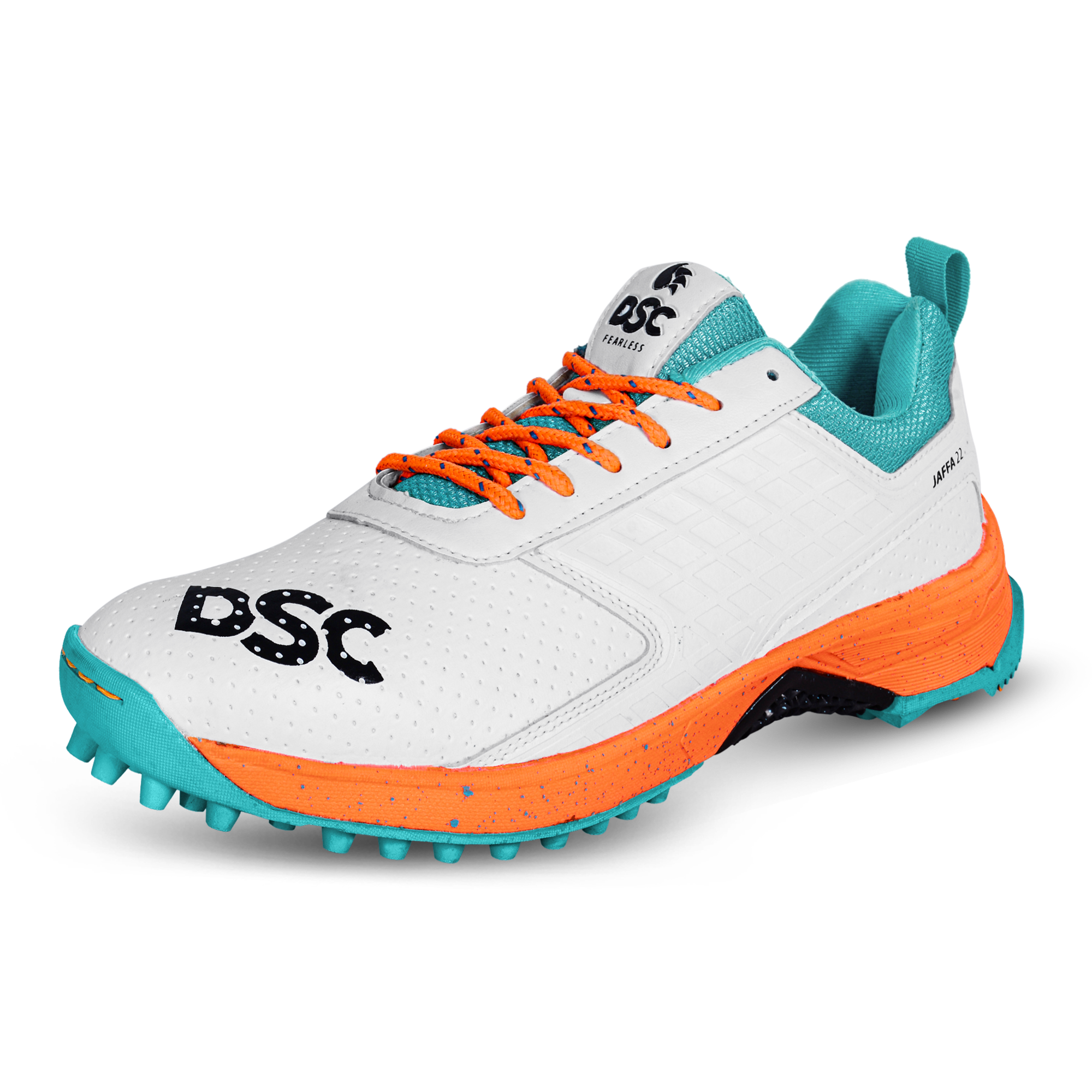DSC JAFFA 22 Rubber Cricket Shoes White-Orange-Teal
