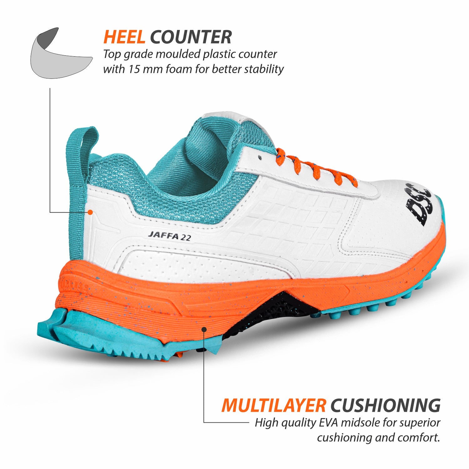 DSC JAFFA 22 Rubber Cricket Shoes - White/Orange/Teal (2026)