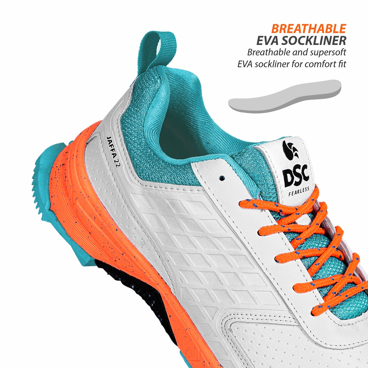 DSC JAFFA 22 Rubber Cricket Shoes - White/Orange/Teal (2026)