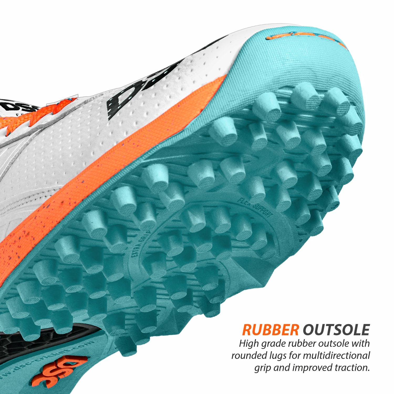 DSC JAFFA 22 Rubber Cricket Shoes - White/Orange/Teal (2026)