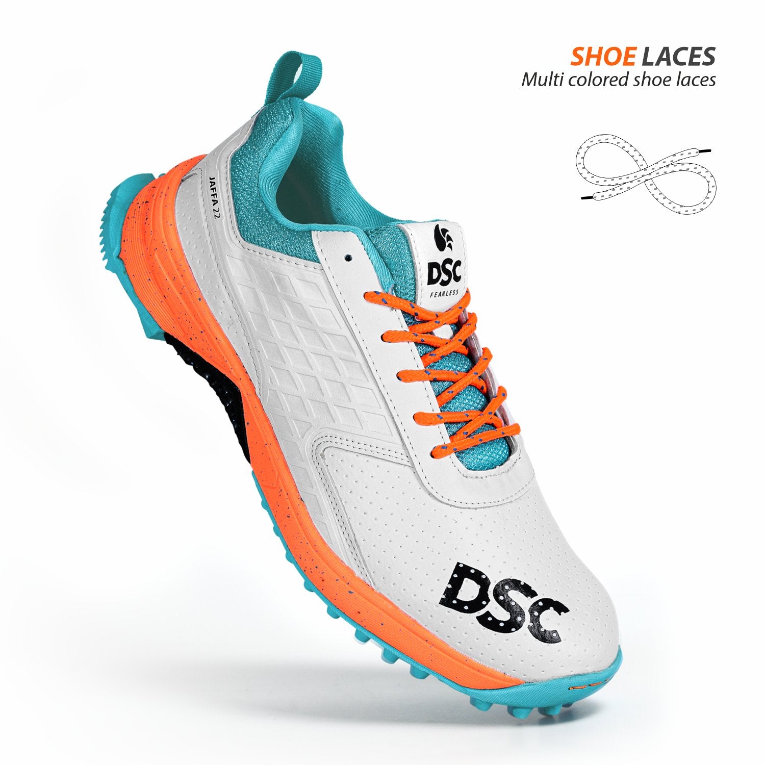 DSC JAFFA 22 Rubber Cricket Shoes - White/Orange/Teal (2026)
