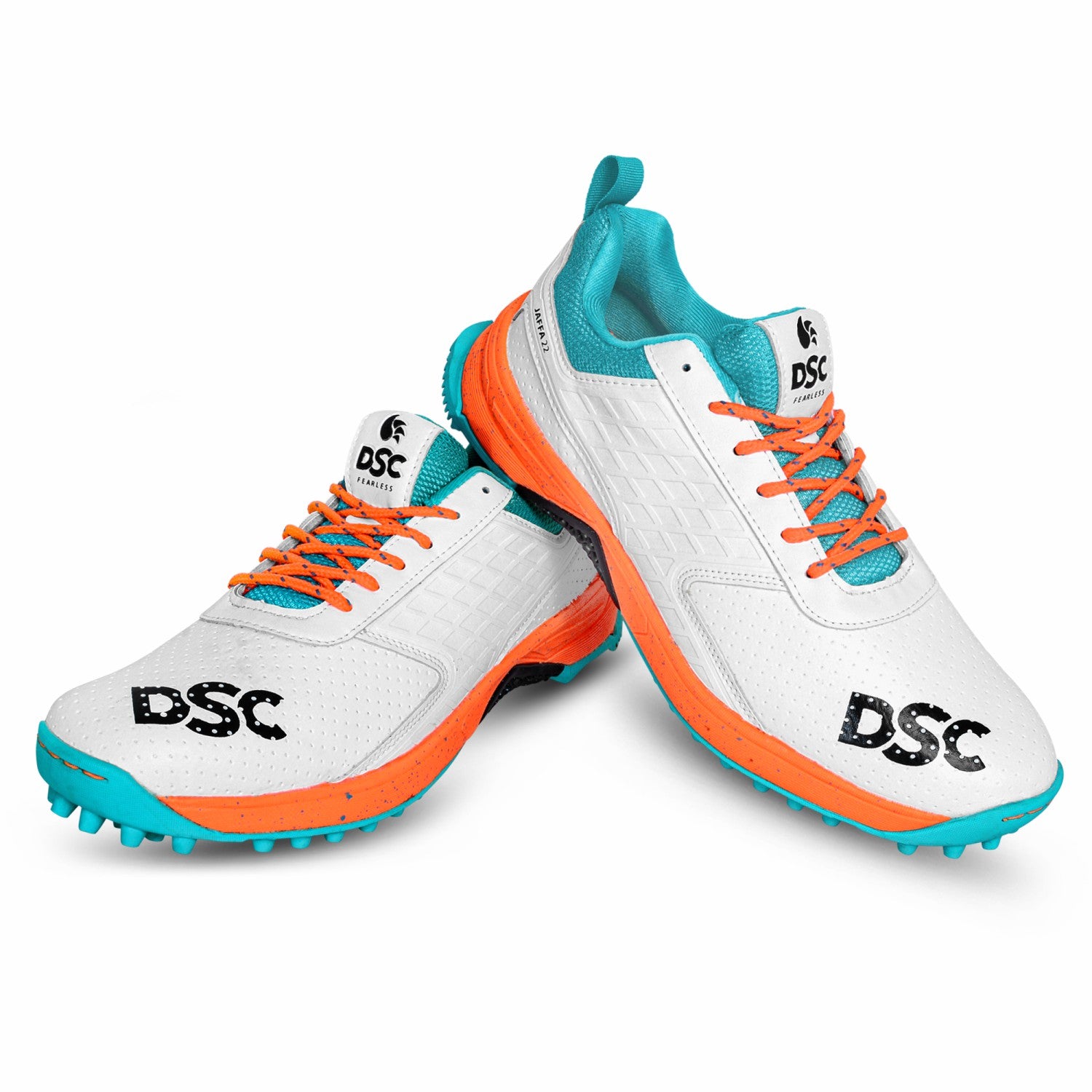 DSC JAFFA 22 Rubber Cricket Shoes - White/Orange/Teal (2024)