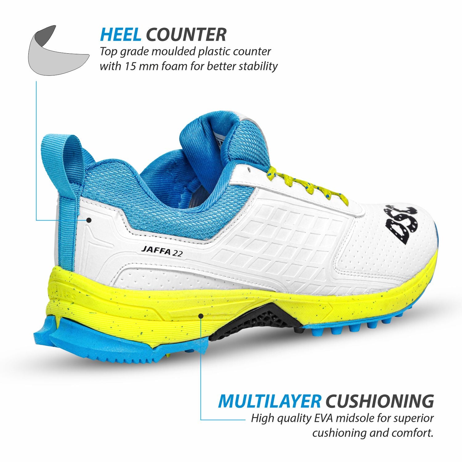 DSC JAFFA 22 Rubber Cricket Shoes White-Lime-Sky (2026)