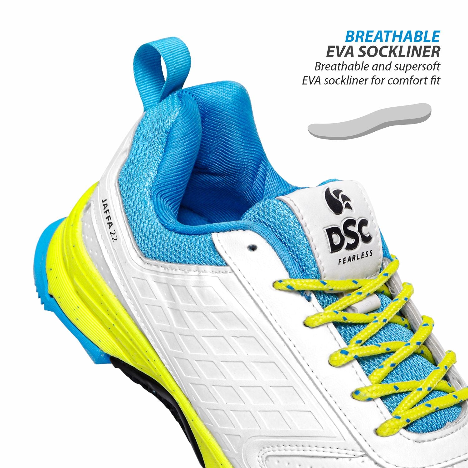 DSC JAFFA 22 Rubber Cricket Shoes White-Lime-Sky (2026)