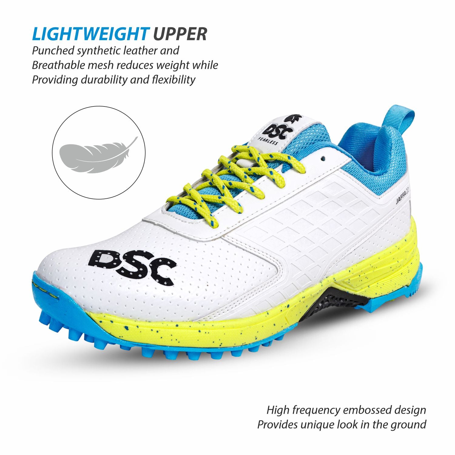 DSC JAFFA 22 Rubber Cricket Shoes White-Lime-Sky (2026)